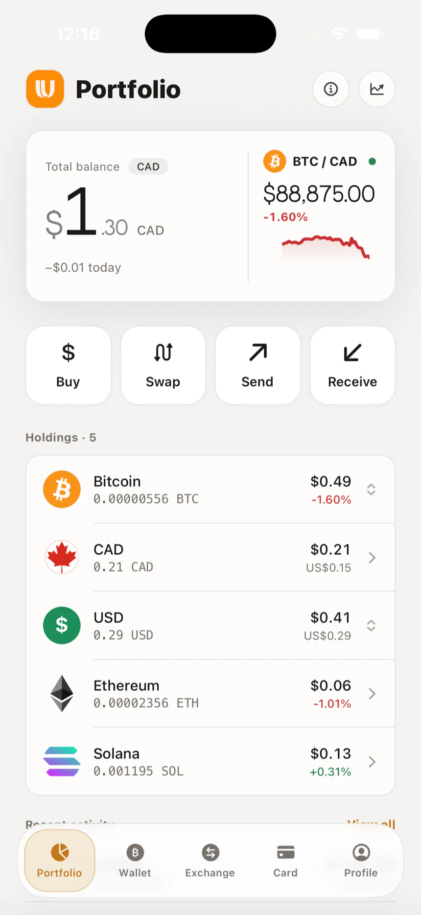 The Unseizable wallet home screen