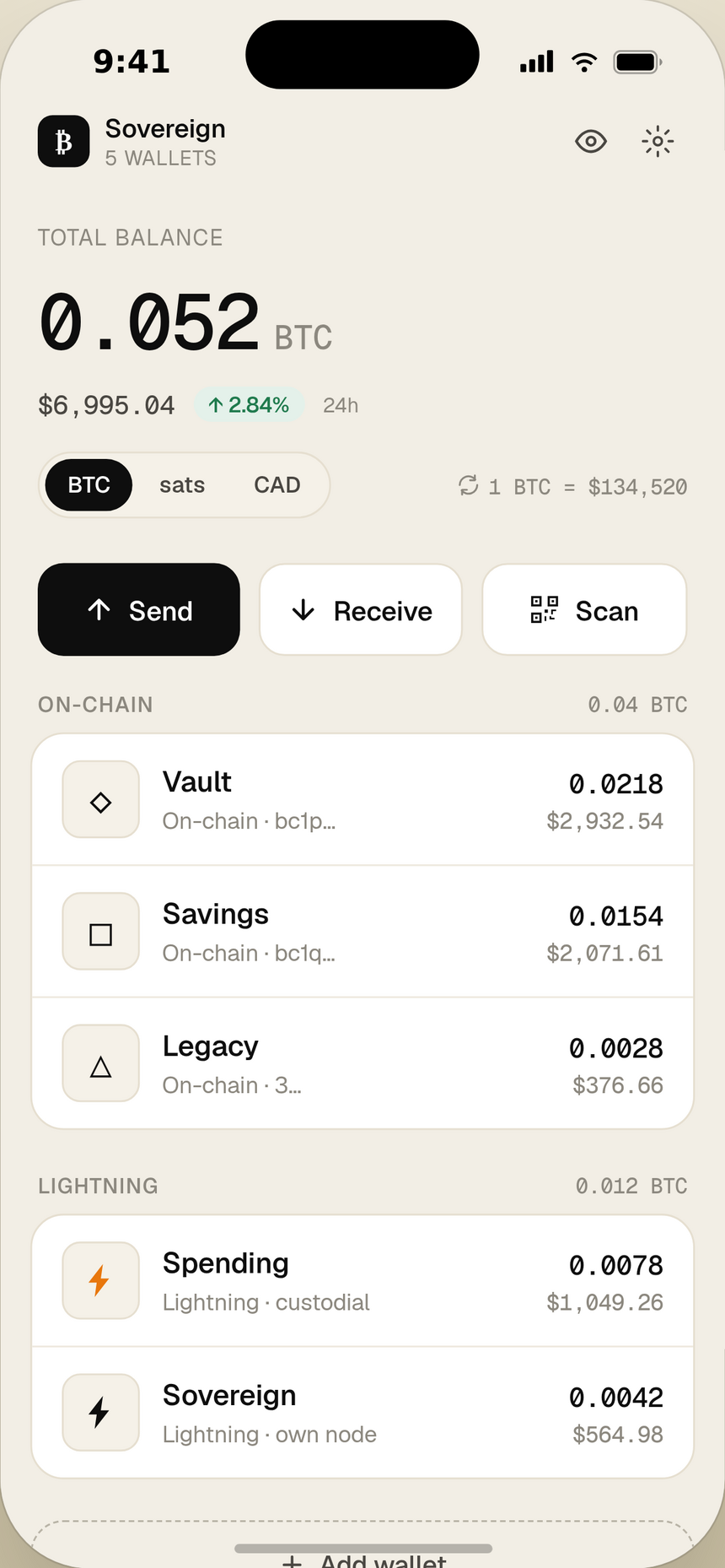 The Unseizable wallet home screen showing the Bitcoin balance